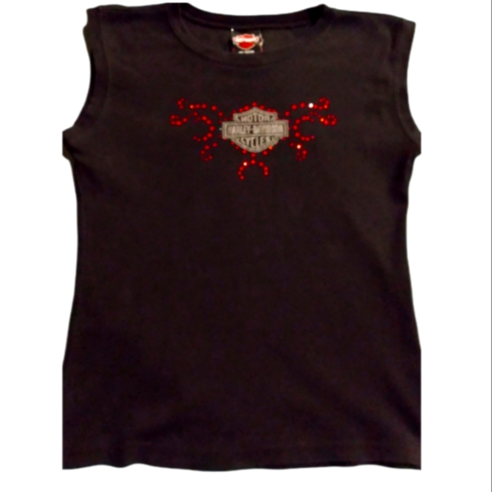 HARLEY DAVIDSON Women's Black w/Red BLING Top💎Fits like Small,tag says Large.
